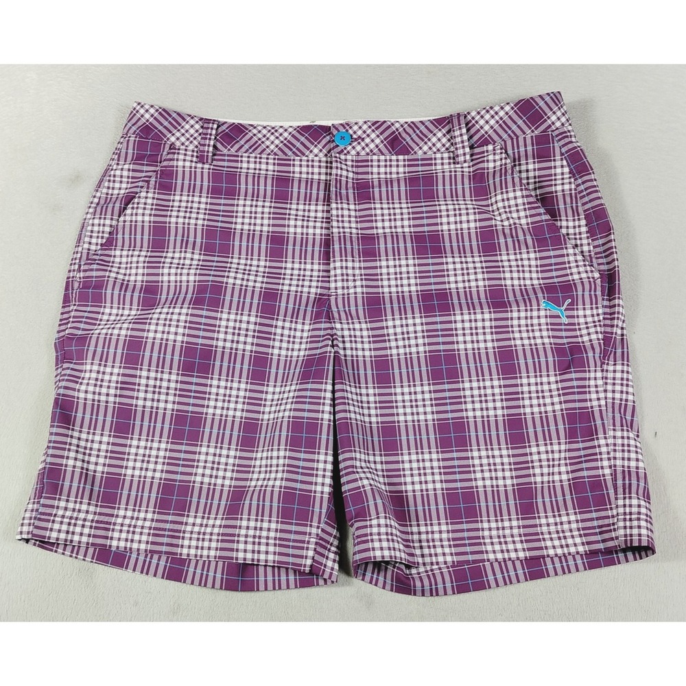 Puma Shorts Mens 38 Purple Plaid Golf DryCELL Performance Athletic Pockets